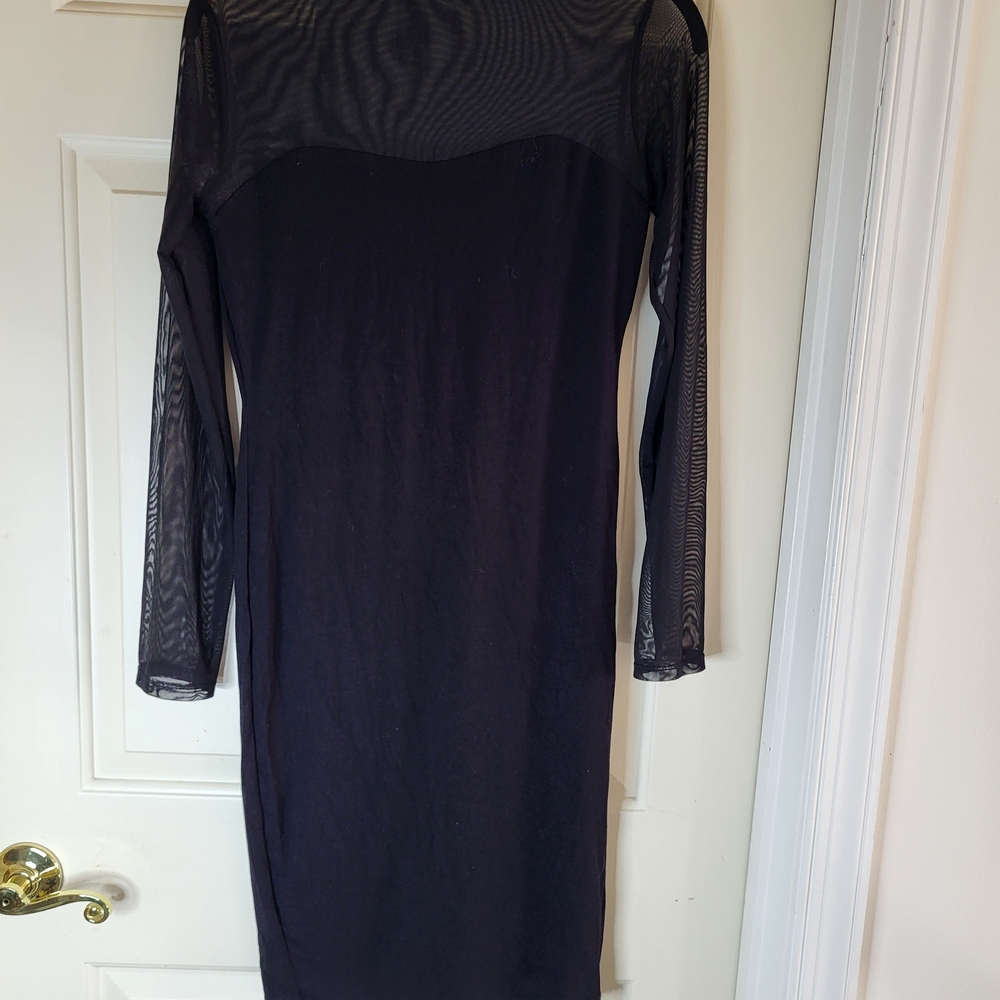 Black Long-Sleeve Mesh Yoke Bodycon Dress